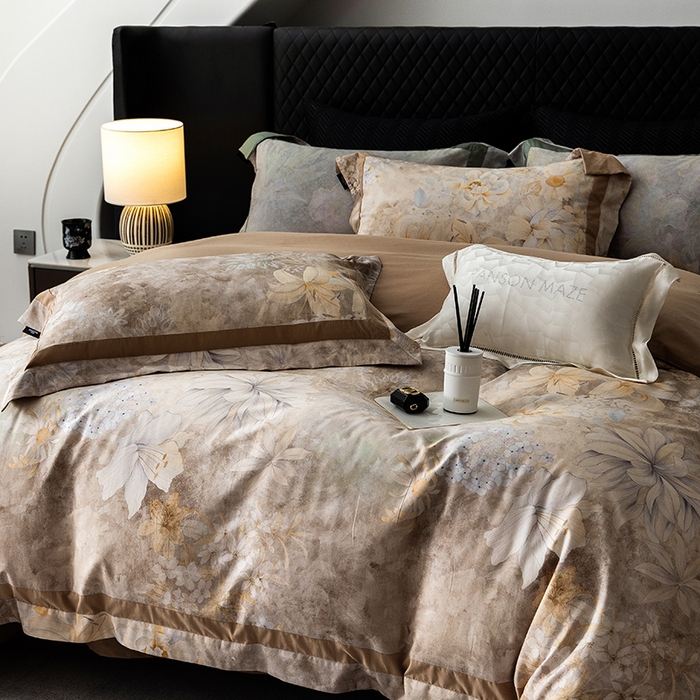 91家纺网 家纺一手货源 找家纺 威克凯丽 2024新款长绒棉数码印花100S磨毛双拼四件套 华丽世-B浅驼