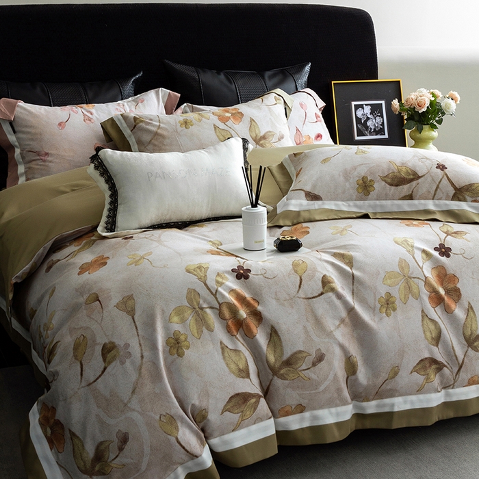 91家纺网 家纺一手货源 找家纺 威克凯丽 2024新款长绒棉数码印花100S磨毛双拼四件套 薇洛缇-B松绿C奶白