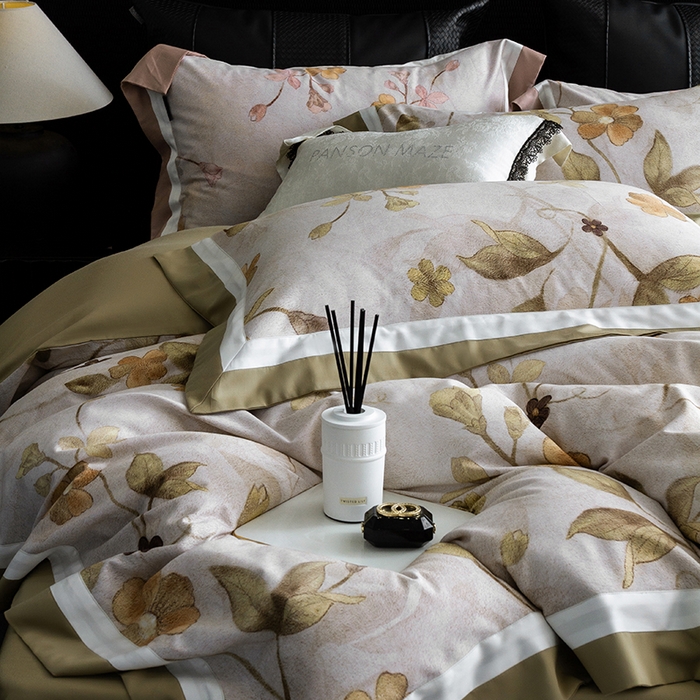 91家纺网 家纺一手货源 找家纺 威克凯丽 2024新款长绒棉数码印花100S磨毛双拼四件套 薇洛缇-B松绿C奶白