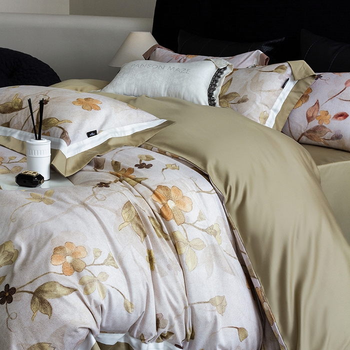 91家纺网 家纺一手货源 找家纺 威克凯丽 2024新款长绒棉数码印花100S磨毛双拼四件套 薇洛缇-B松绿C奶白