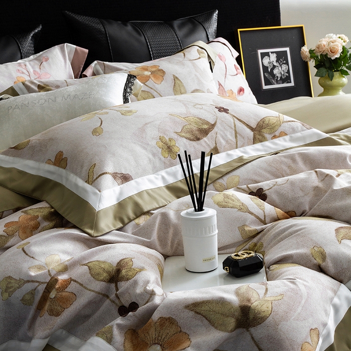 91家纺网 家纺一手货源 找家纺 威克凯丽 2024新款长绒棉数码印花100S磨毛双拼四件套 薇洛缇-B松绿C奶白