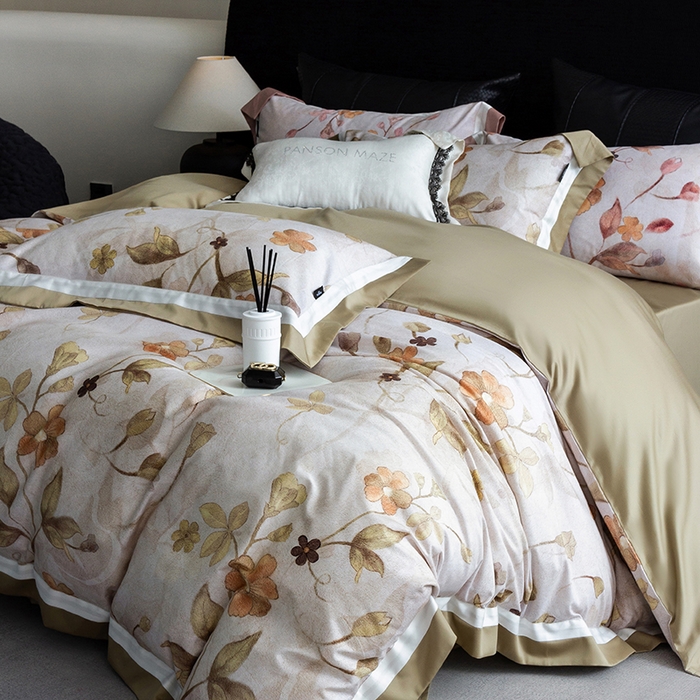 91家纺网 家纺一手货源 找家纺 威克凯丽 2024新款长绒棉数码印花100S磨毛双拼四件套 薇洛缇-B松绿C奶白