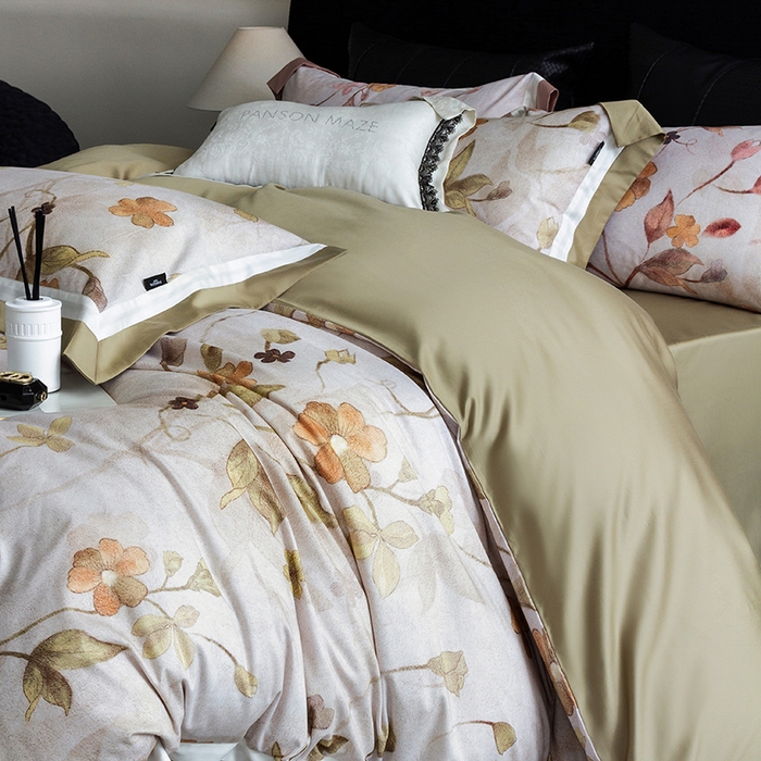 91家纺网 家纺一手货源 找家纺 威克凯丽 2024新款长绒棉数码印花100S磨毛双拼四件套 薇洛缇-B松绿C奶白