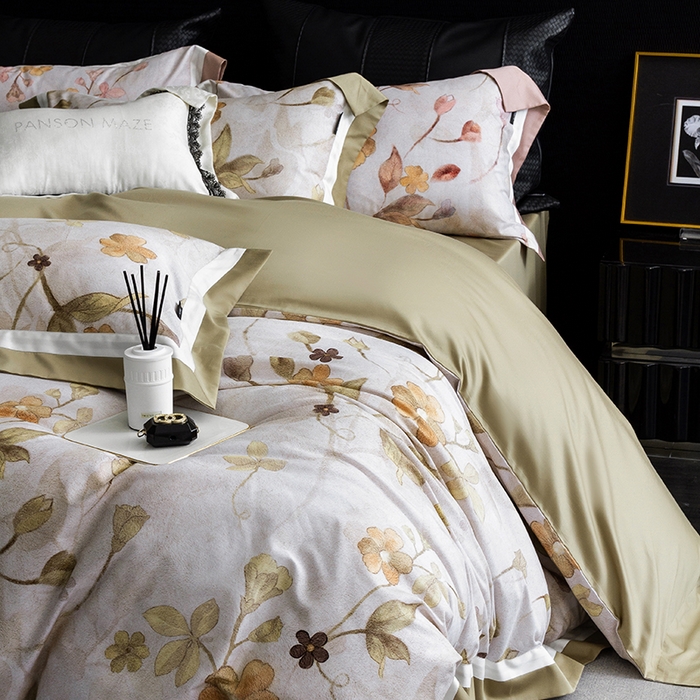 91家纺网 家纺一手货源 找家纺 威克凯丽 2024新款长绒棉数码印花100S磨毛双拼四件套 薇洛缇-B松绿C奶白