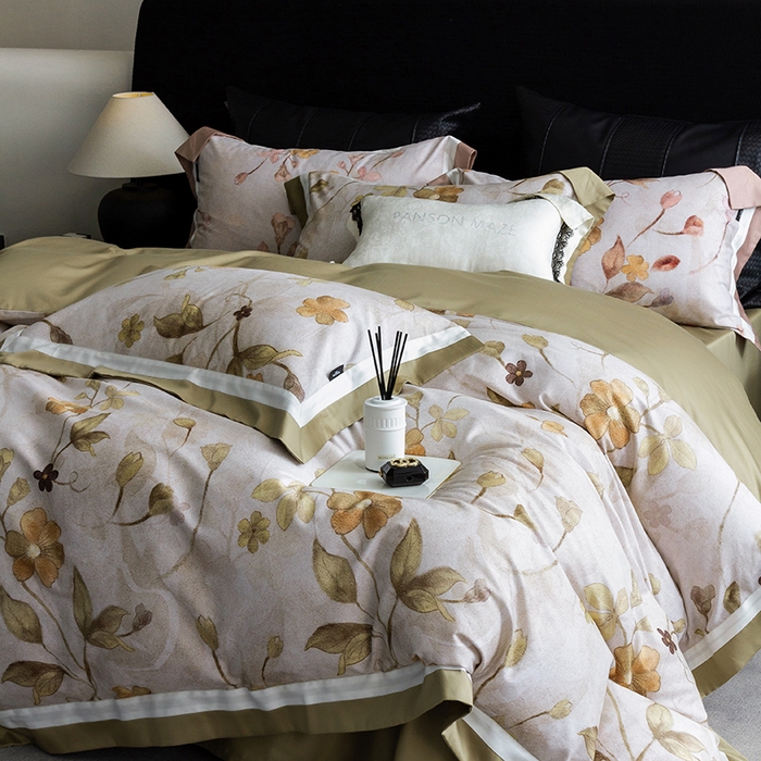 91家纺网 家纺一手货源 找家纺 威克凯丽 2024新款长绒棉数码印花100S磨毛双拼四件套 薇洛缇-B松绿C奶白