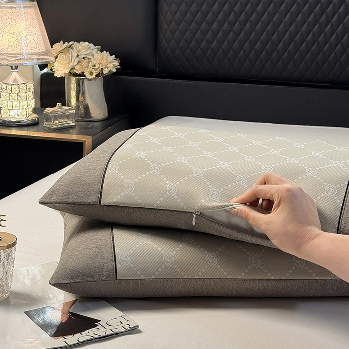 91家纺网 家纺一手货源 找家纺 小牛席业 2025新款小玫瑰PE冰丝夏凉枕枕头枕芯 香槟 35x55cm/只枕套+枕芯