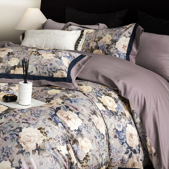 91家纺网 家纺一手货源 找家纺 威克凯丽 2024新款长绒棉数码印花100S磨毛双拼四件套 原蕊-B紫灰C电光蓝