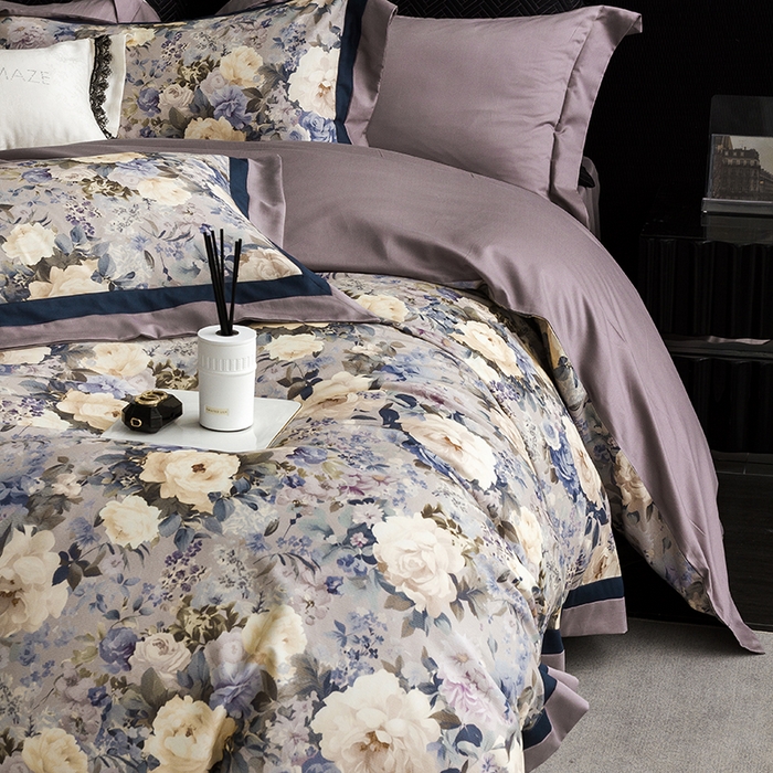 91家纺网 家纺一手货源 找家纺 威克凯丽 2024新款长绒棉数码印花100S磨毛双拼四件套 原蕊-B紫灰C电光蓝