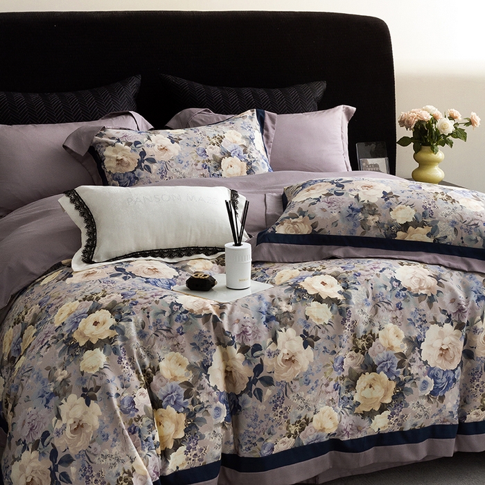 91家纺网 家纺一手货源 找家纺 威克凯丽 2024新款长绒棉数码印花100S磨毛双拼四件套 原蕊-B紫灰C电光蓝