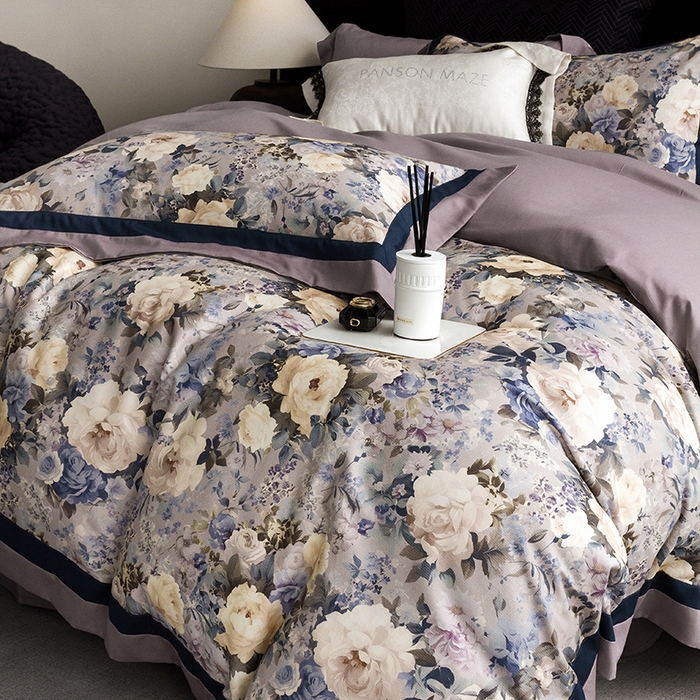 91家纺网 家纺一手货源 找家纺 威克凯丽 2024新款长绒棉数码印花100S磨毛双拼四件套 原蕊-B紫灰C电光蓝