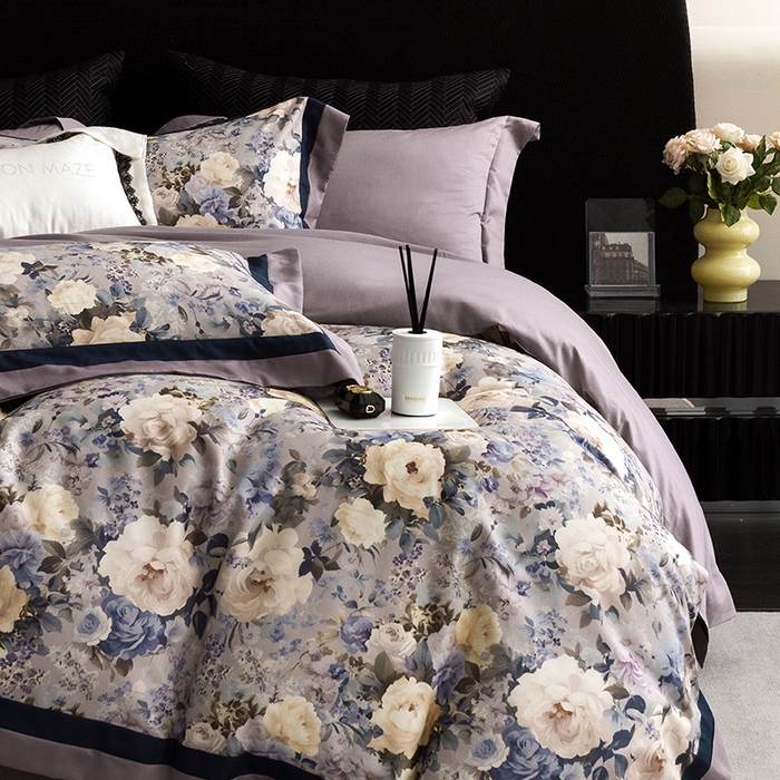 91家纺网 家纺一手货源 找家纺 威克凯丽 2024新款长绒棉数码印花100S磨毛双拼四件套 原蕊-B紫灰C电光蓝