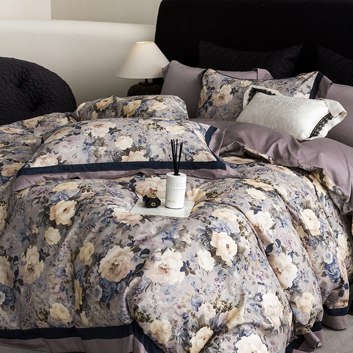 91家纺网 家纺一手货源 找家纺 威克凯丽 2024新款长绒棉数码印花100S磨毛双拼四件套 原蕊-B紫灰C电光蓝