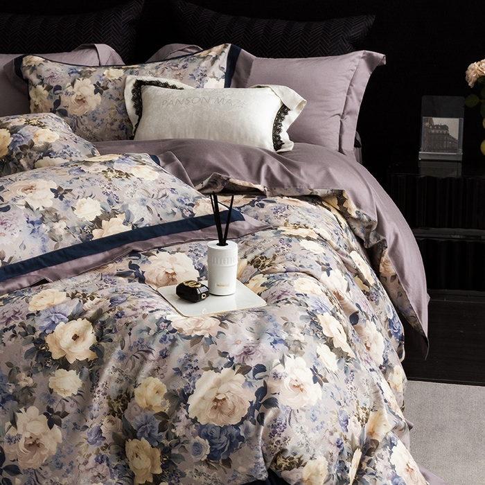 91家纺网 家纺一手货源 找家纺 威克凯丽 2024新款长绒棉数码印花100S磨毛双拼四件套 原蕊-B紫灰C电光蓝