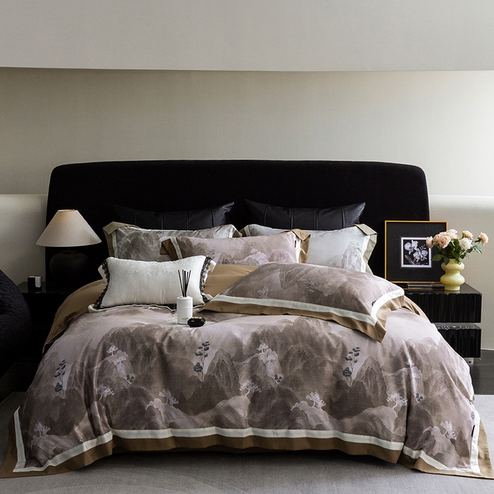 威克凯丽 2024新款长绒棉数码印花100S磨毛双拼四件套 远山如黛-B橄榄咖C奶白