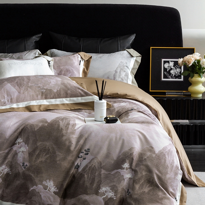 91家纺网 家纺一手货源 找家纺 威克凯丽 2024新款长绒棉数码印花100S磨毛双拼四件套 远山如黛-B橄榄咖C奶白