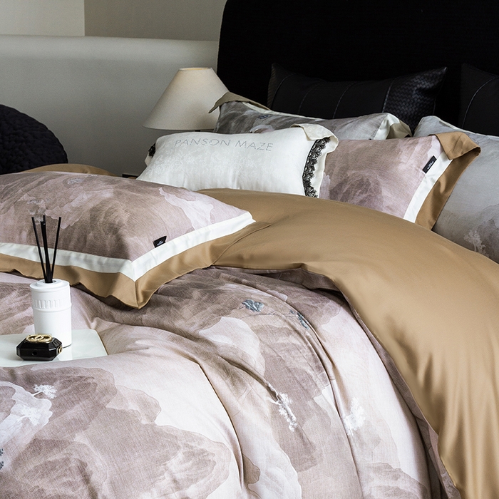 91家纺网 家纺一手货源 找家纺 威克凯丽 2024新款长绒棉数码印花100S磨毛双拼四件套 远山如黛-B橄榄咖C奶白