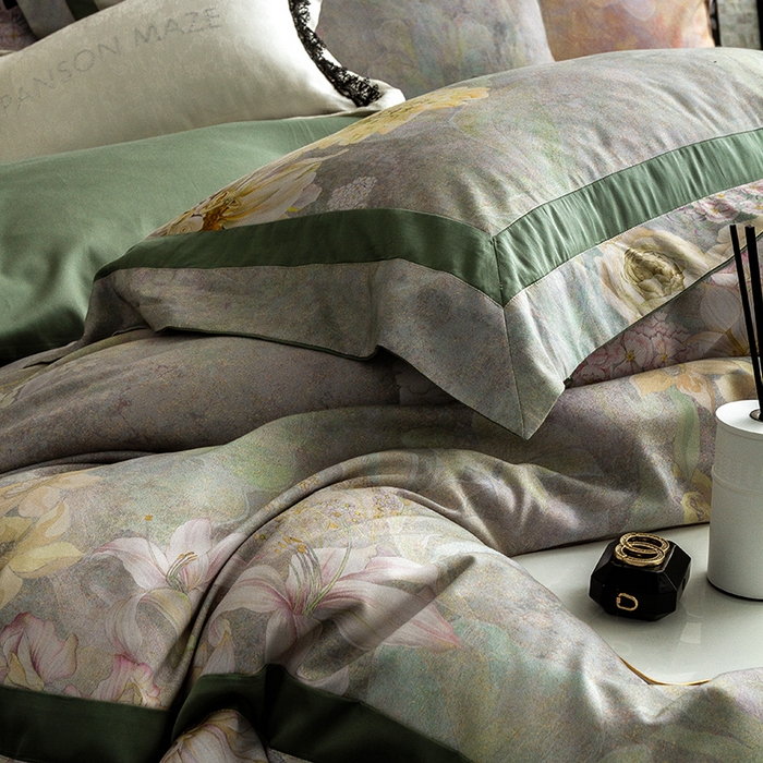 91家纺网 家纺一手货源 找家纺 威克凯丽 2024新款长绒棉数码印花100S磨毛双拼四件套 云玺-B翠绿