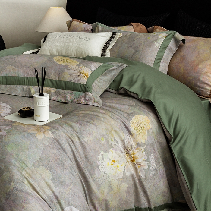 91家纺网 家纺一手货源 找家纺 威克凯丽 2024新款长绒棉数码印花100S磨毛双拼四件套 云玺-B翠绿