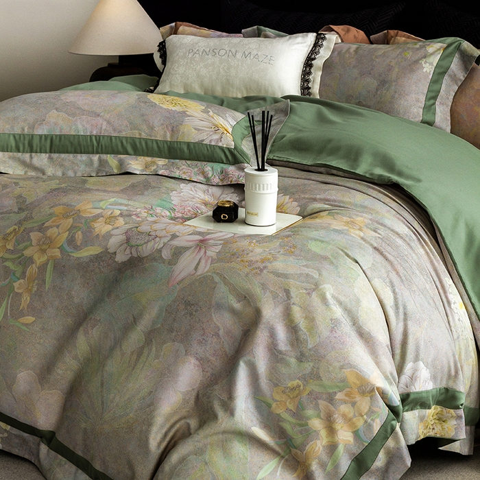 91家纺网 家纺一手货源 找家纺 威克凯丽 2024新款长绒棉数码印花100S磨毛双拼四件套 云玺-B翠绿