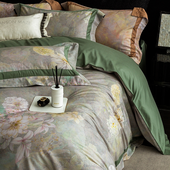 91家纺网 家纺一手货源 找家纺 威克凯丽 2024新款长绒棉数码印花100S磨毛双拼四件套 云玺-B翠绿