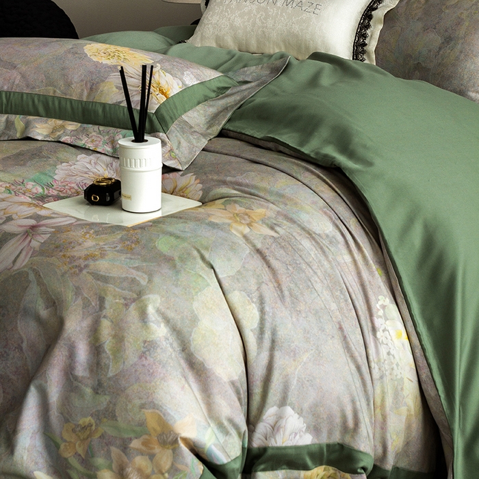 91家纺网 家纺一手货源 找家纺 威克凯丽 2024新款长绒棉数码印花100S磨毛双拼四件套 云玺-B翠绿