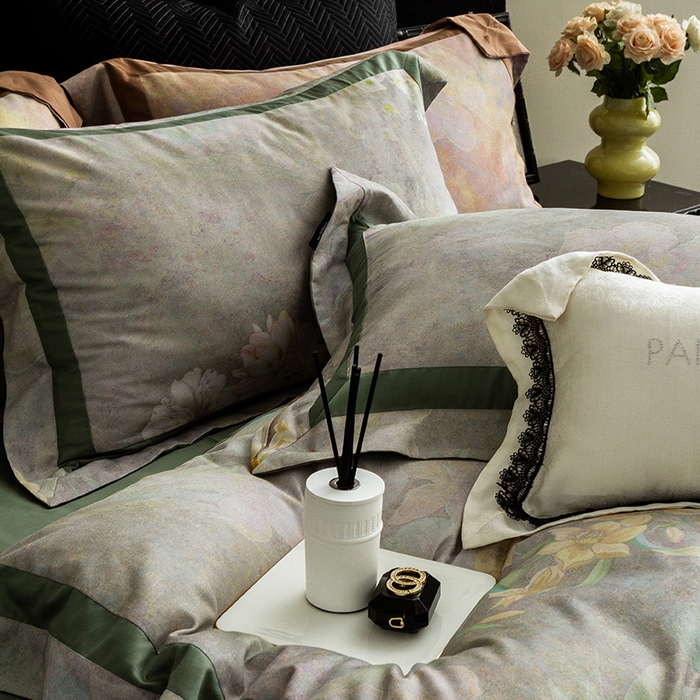 91家纺网 家纺一手货源 找家纺 威克凯丽 2024新款长绒棉数码印花100S磨毛双拼四件套 云玺-B翠绿