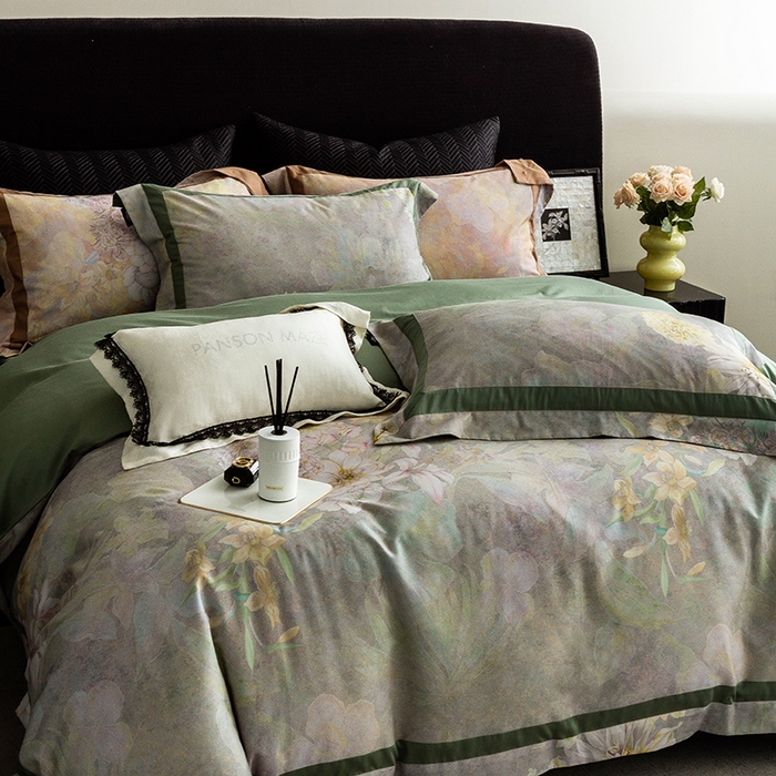 91家纺网 家纺一手货源 找家纺 威克凯丽 2024新款长绒棉数码印花100S磨毛双拼四件套 云玺-B翠绿