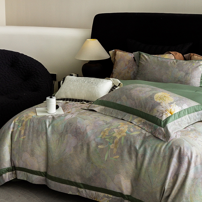 91家纺网 家纺一手货源 找家纺 威克凯丽 2024新款长绒棉数码印花100S磨毛双拼四件套 云玺-B翠绿