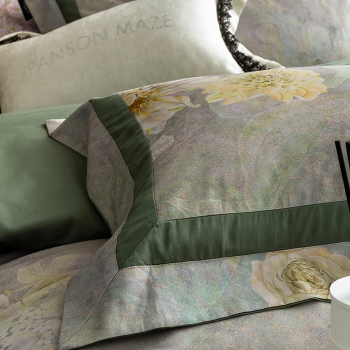 91家纺网 家纺一手货源 找家纺 威克凯丽 2024新款长绒棉数码印花100S磨毛双拼四件套 云玺-B翠绿