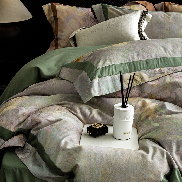 91家纺网 家纺一手货源 找家纺 威克凯丽 2024新款长绒棉数码印花100S磨毛双拼四件套 云玺-B翠绿