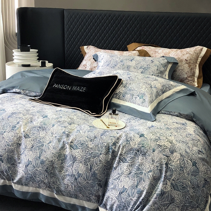 91家纺网 家纺一手货源 找家纺 威克凯丽 2024新款100S缎面数码印花四件套 繁花-兰