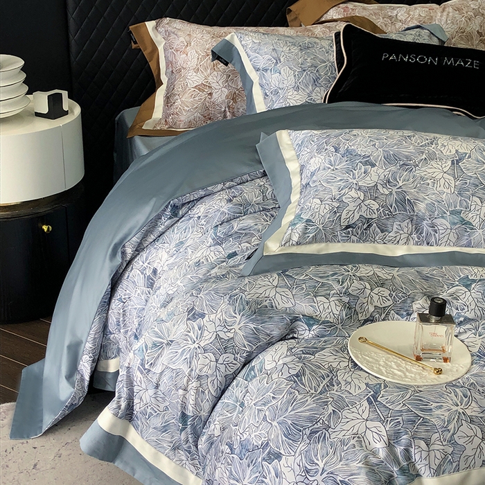 91家纺网 家纺一手货源 找家纺 威克凯丽 2024新款100S缎面数码印花四件套 繁花-兰