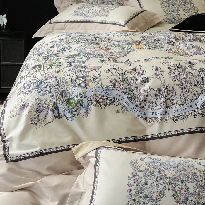 91家纺网 家纺一手货源 找家纺 威克凯丽 2024新款100S缎面数码印花四件套 蝴蝶 香槟