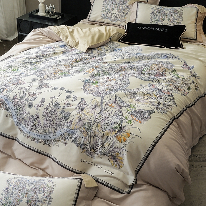 91家纺网 家纺一手货源 找家纺 威克凯丽 2024新款100S缎面数码印花四件套 蝴蝶 香槟