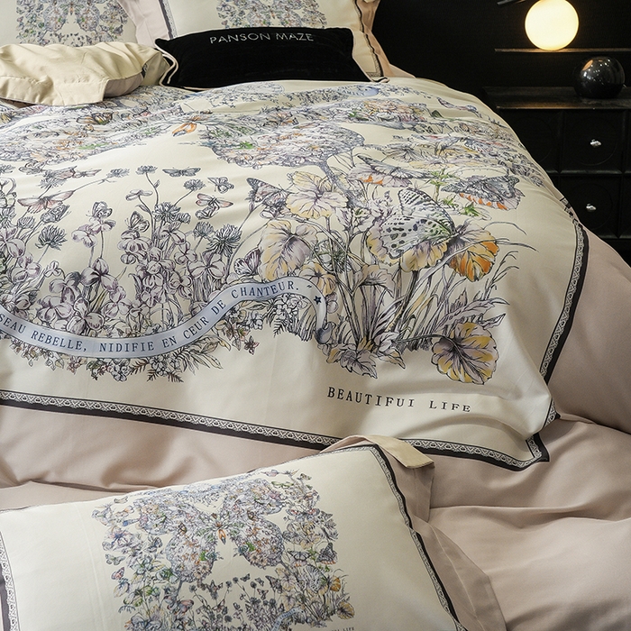 91家纺网 家纺一手货源 找家纺 威克凯丽 2024新款100S缎面数码印花四件套 蝴蝶 香槟