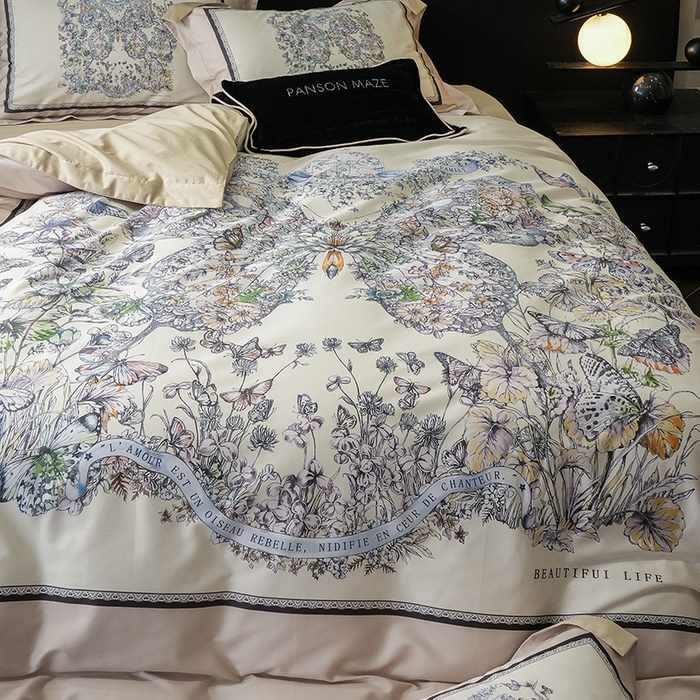 91家纺网 家纺一手货源 找家纺 威克凯丽 2024新款100S缎面数码印花四件套 蝴蝶 香槟