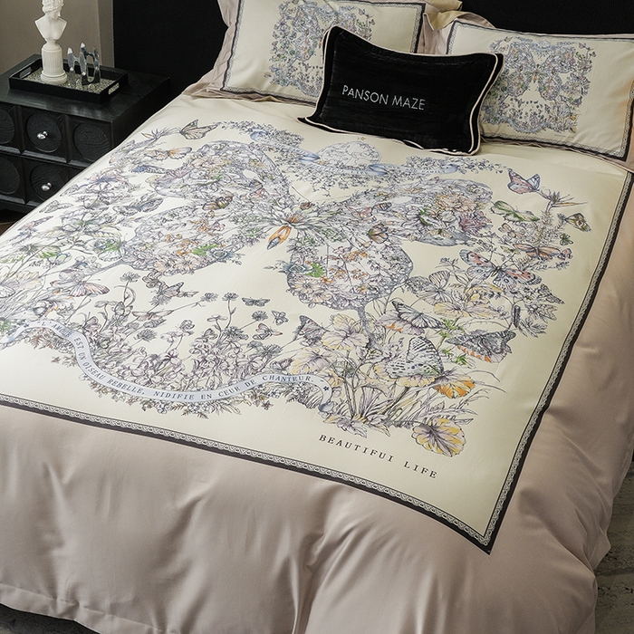 91家纺网 家纺一手货源 找家纺 威克凯丽 2024新款100S缎面数码印花四件套 蝴蝶 香槟