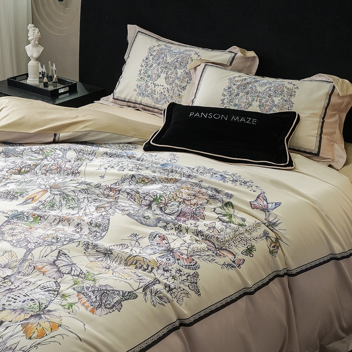 91家纺网 家纺一手货源 找家纺 威克凯丽 2024新款100S缎面数码印花四件套 蝴蝶 香槟