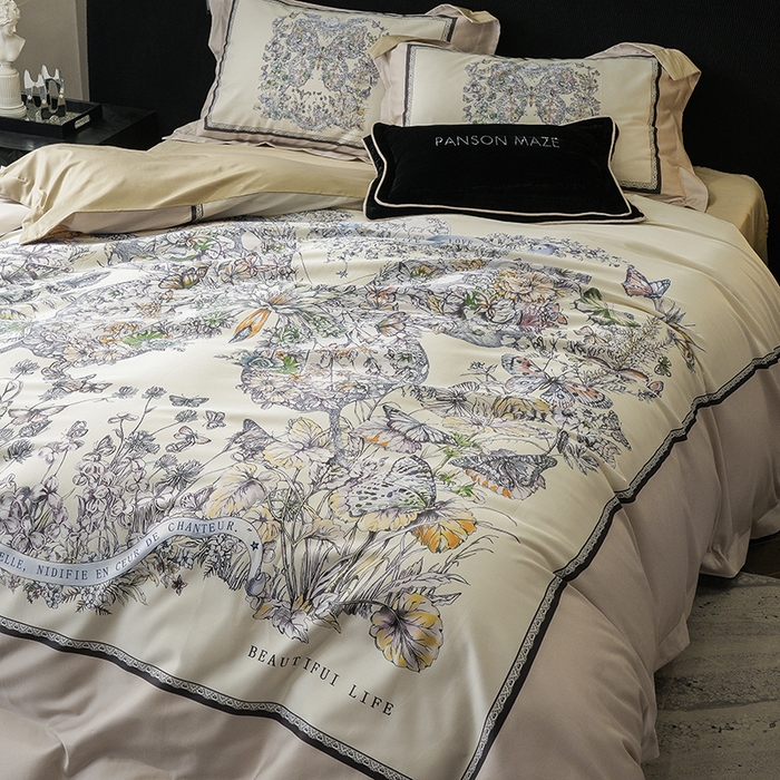 91家纺网 家纺一手货源 找家纺 威克凯丽 2024新款100S缎面数码印花四件套 蝴蝶 香槟