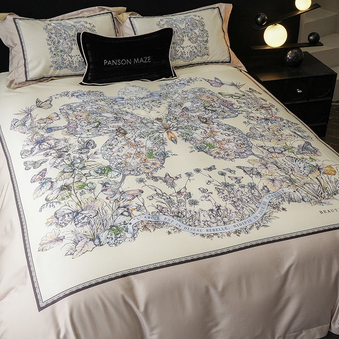 91家纺网 家纺一手货源 找家纺 威克凯丽 2024新款100S缎面数码印花四件套 蝴蝶 香槟