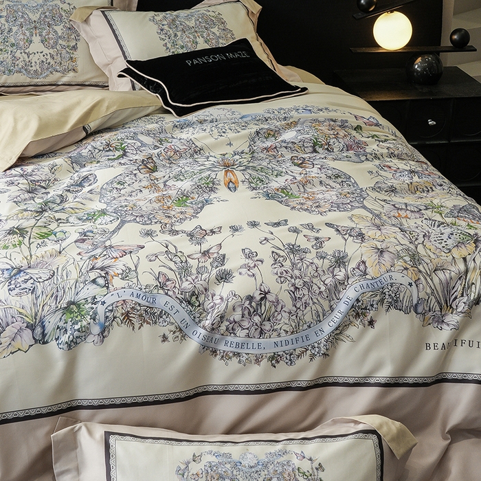 91家纺网 家纺一手货源 找家纺 威克凯丽 2024新款100S缎面数码印花四件套 蝴蝶 香槟