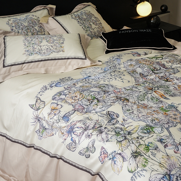 91家纺网 家纺一手货源 找家纺 威克凯丽 2024新款100S缎面数码印花四件套 蝴蝶 香槟