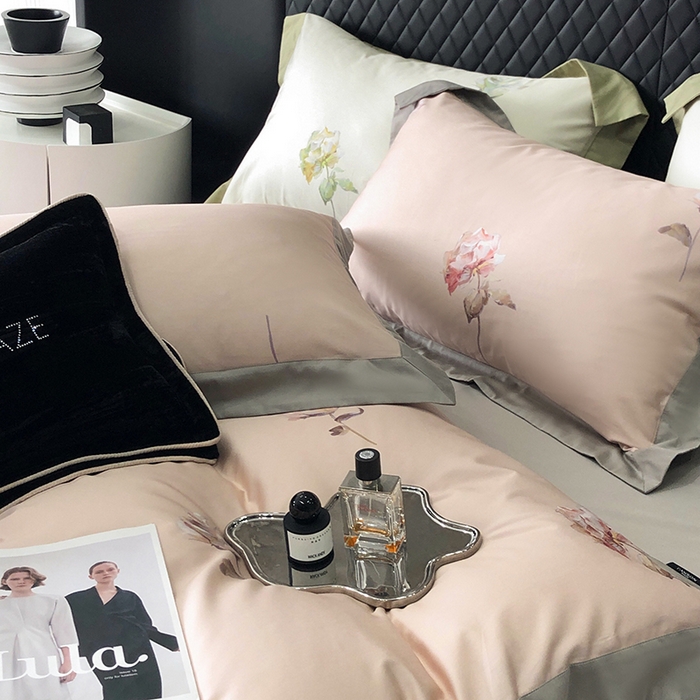 91家纺网 家纺一手货源 找家纺 威克凯丽 2024新款100S缎面数码印花四件套 花似锦-粉