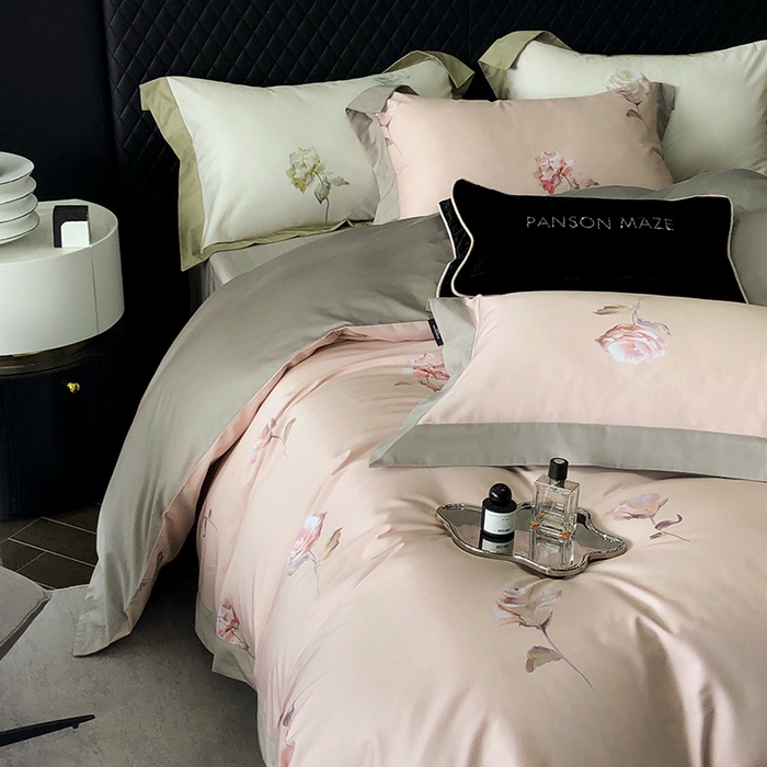 91家纺网 家纺一手货源 找家纺 威克凯丽 2024新款100S缎面数码印花四件套 花似锦-粉