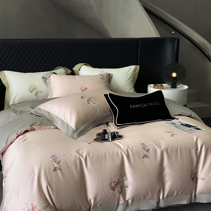 91家纺网 家纺一手货源 找家纺 威克凯丽 2024新款100S缎面数码印花四件套 花似锦-粉