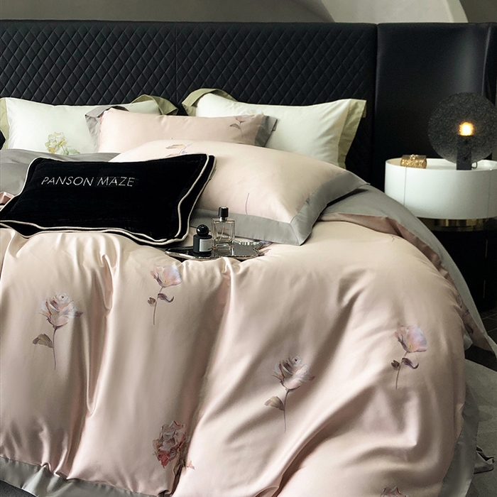 91家纺网 家纺一手货源 找家纺 威克凯丽 2024新款100S缎面数码印花四件套 花似锦-粉