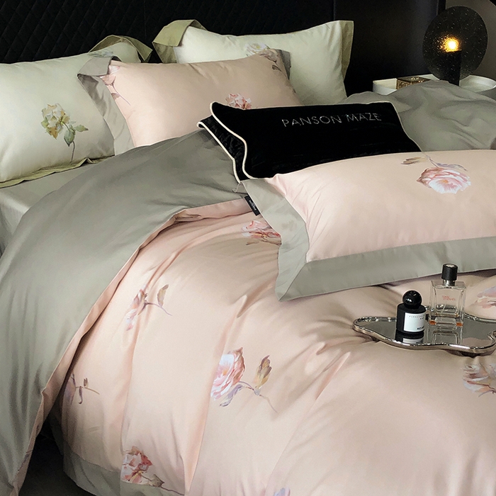 91家纺网 家纺一手货源 找家纺 威克凯丽 2024新款100S缎面数码印花四件套 花似锦-粉