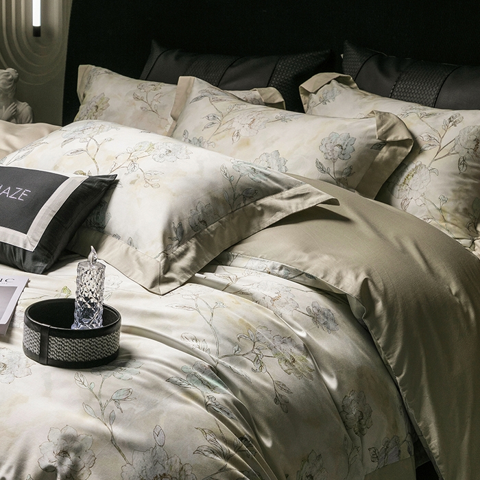 91家纺网 家纺一手货源 找家纺 威克凯丽 2024新款100S缎面数码印花四件套 阑珊屿（灰绿）