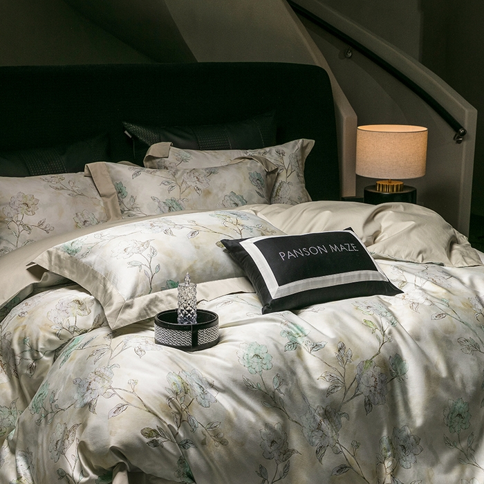 91家纺网 家纺一手货源 找家纺 威克凯丽 2024新款100S缎面数码印花四件套 阑珊屿（灰绿）