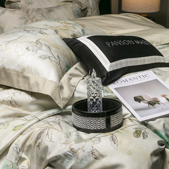 91家纺网 家纺一手货源 找家纺 威克凯丽 2024新款100S缎面数码印花四件套 阑珊屿（灰绿）